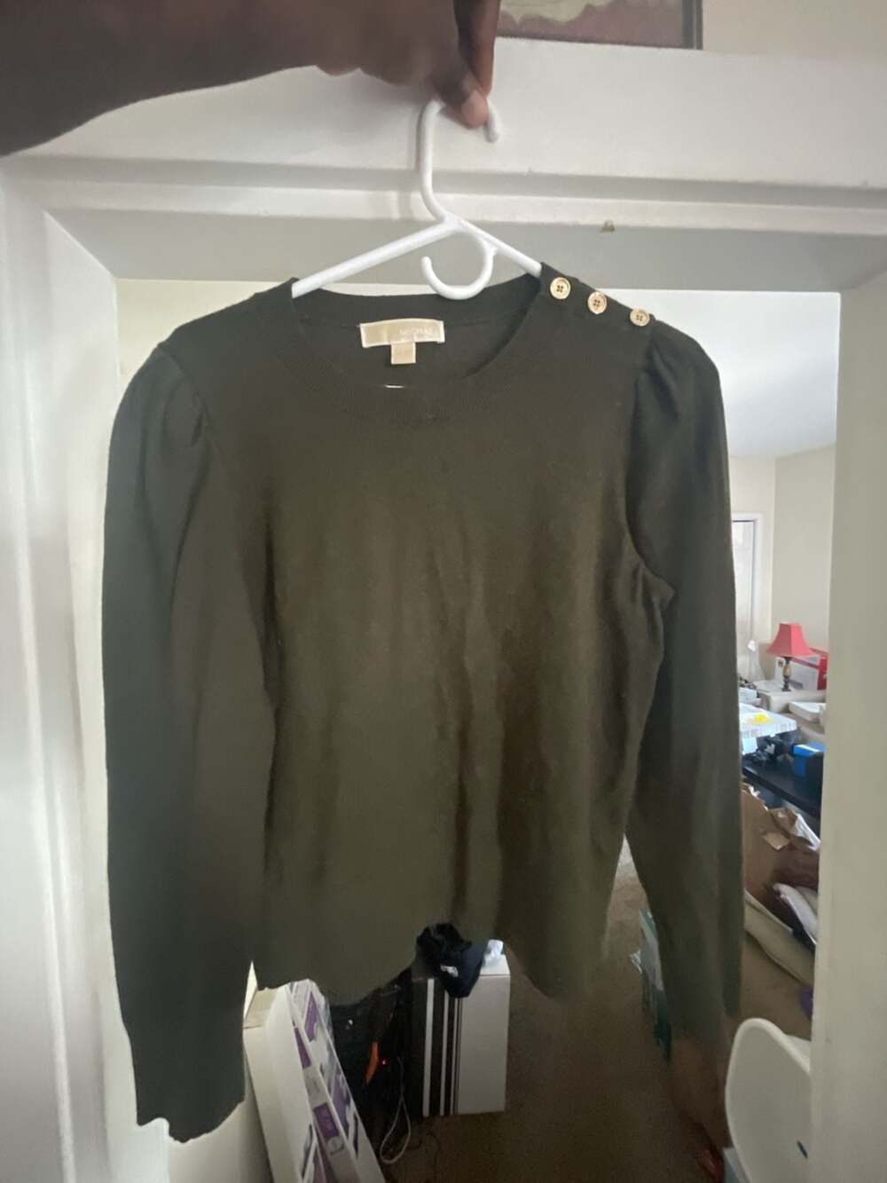 Michael Kors Women's Olive Green sweater  with Gold Button Shoulder Detail